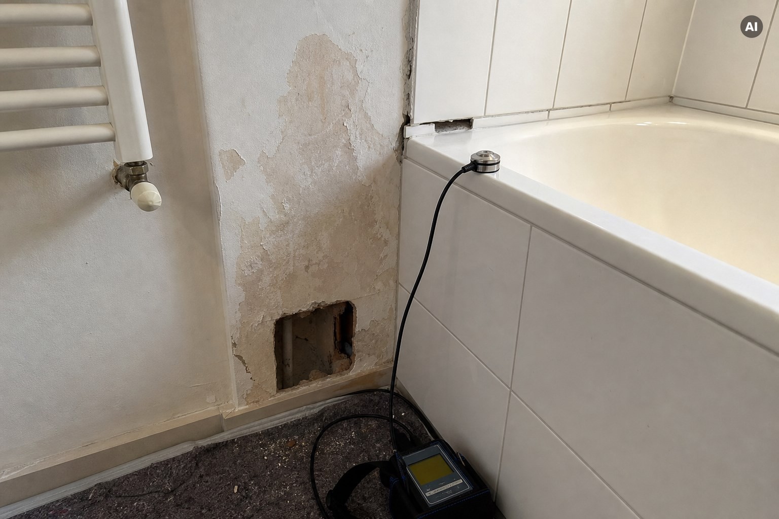 Dokumentierter Wasserschaden in einem Badezimmer