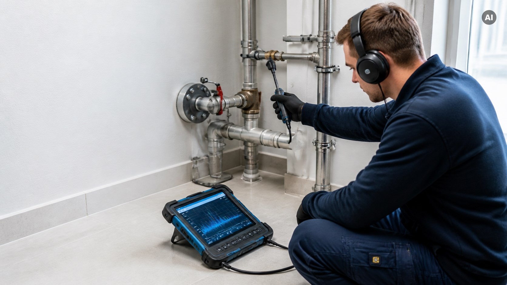 Techniker bei der präzisen Leckageortung an einer Wasserleitung